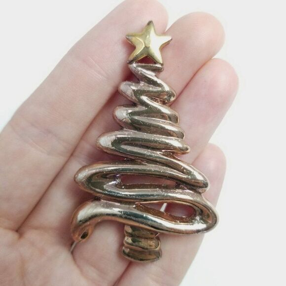 Vintage Retro Christmas Tree Brooch, Zig Zag Design Silver Tone With Star Pin - Picture 2 of 6